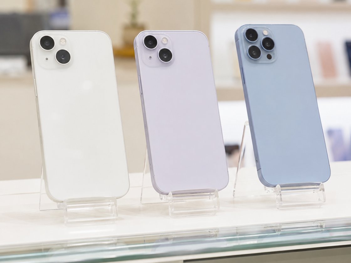 店頭のスタンドに並んだ3台のiPhone