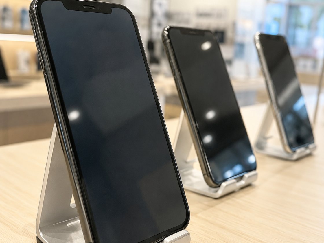 店頭のスタンドに並べた販売中のiPhone