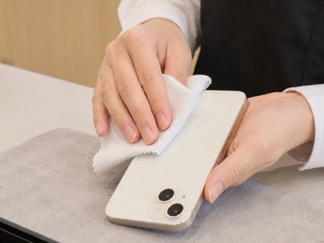 iPhoneの外装をクロスで清掃しているところ