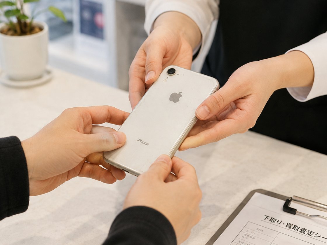 お客様から預かったiPhoneを店頭で査定しているところ